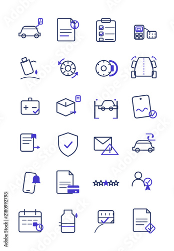 Auto repair shop operations icon set: multi-point inspection checklist, OBD diagnostic scanner, wheel alignment, work approval signature, editable stroke, isolated on transparent background