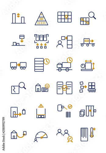 Warehouse fulfillment center operations icon set: ABC classification, SKU slotting, wave picking, cross-docking, dimensional weight, editable stroke, isolated on transparent background