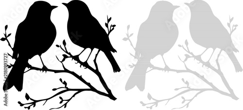 Two birds in silhouette perched on branches during springtime with simple design for graphic elements
