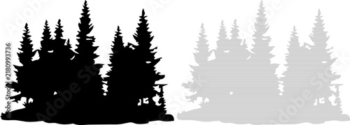 Pine forest silhouette against a white background with a textured overlay for design elements