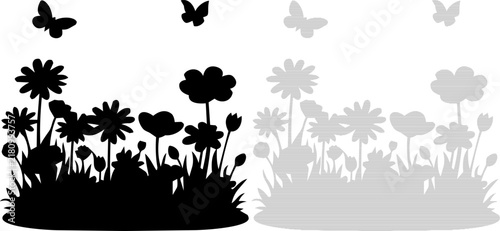 Floral meadow silhouette with butterflies flying during a bright day in a clean vector style