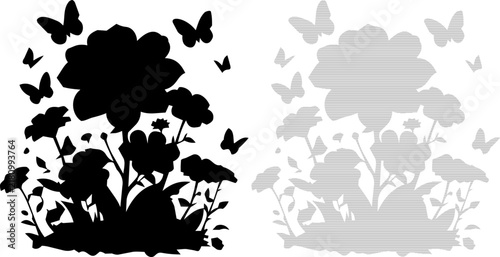 Floral silhouette with butterflies in soft daylight for nature concept design