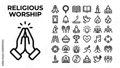 Religious Worship Icons: A collection of line art icons representing various elements of religious worship, including prayer hands, sacred texts, places of worship, and symbols of faith.