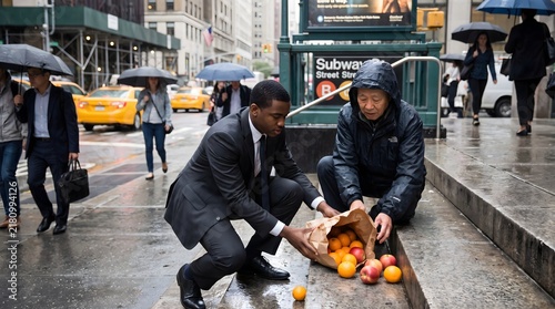 Amidst the urban downpour, an inspiring act of kindness shines through as a man helps another collect spilled oranges, showcasing genuine human empathy and compassion