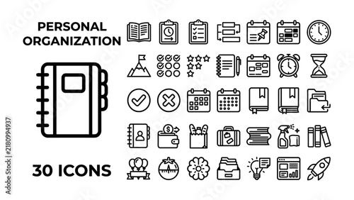 Personal Organization Icons: A collection of 30 line art icons representing elements of personal organization, planning, and productivity, perfect for digital or print design projects.