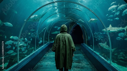 Person walking through an aquarium tunnel