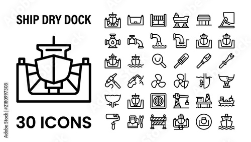 Bild auf Leinwand Ship Dry Dock Icons: A comprehensive collection of 30 line icons representing various elements and equipment associated with ship dry docks and maritime repair