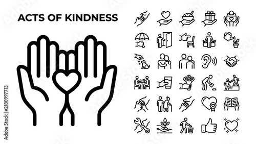 Bild auf Leinwand Kindness Icons: A collection of line art icons representing various acts of kindness and compassion, centered around a large graphic of open hands holding a heart, signifying love and support