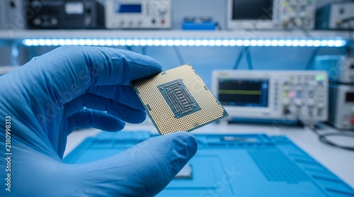 A gloved hand holds a modern computer processor inside a high-tech electronics laboratory.