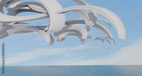 Fotografie Abstract three dimensional white curved geometric shapes floating in blue sky ba