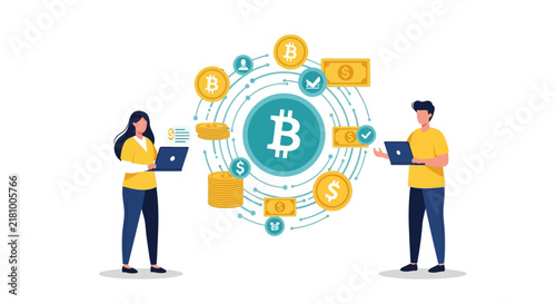 Crypto transaction vector illustration. Bitcoin trading and digital currency exchange between business people using laptops. Financial technology, peer to peer transfer, e-payment concept