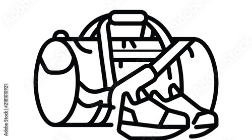 Line art icon of a duffle bag and sneakers used for gym or travel on plain background.