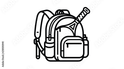 Backpack carrying a tennis racket and water bottle for sports training on white background