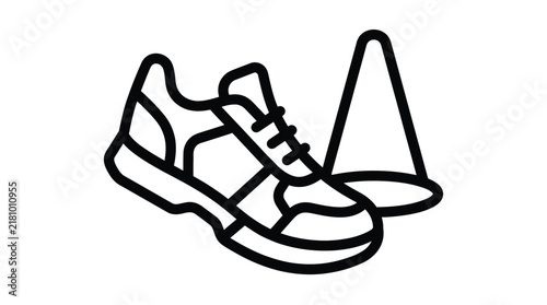 Line art illustration of a running shoe and training cone for fitness and sports practice