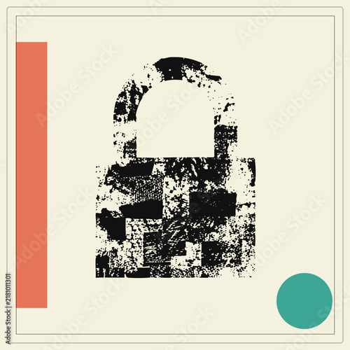 Bild auf Leinwand "Weathered padlock in gritty stencil style, classic lock and shackle with eroded halftone grain