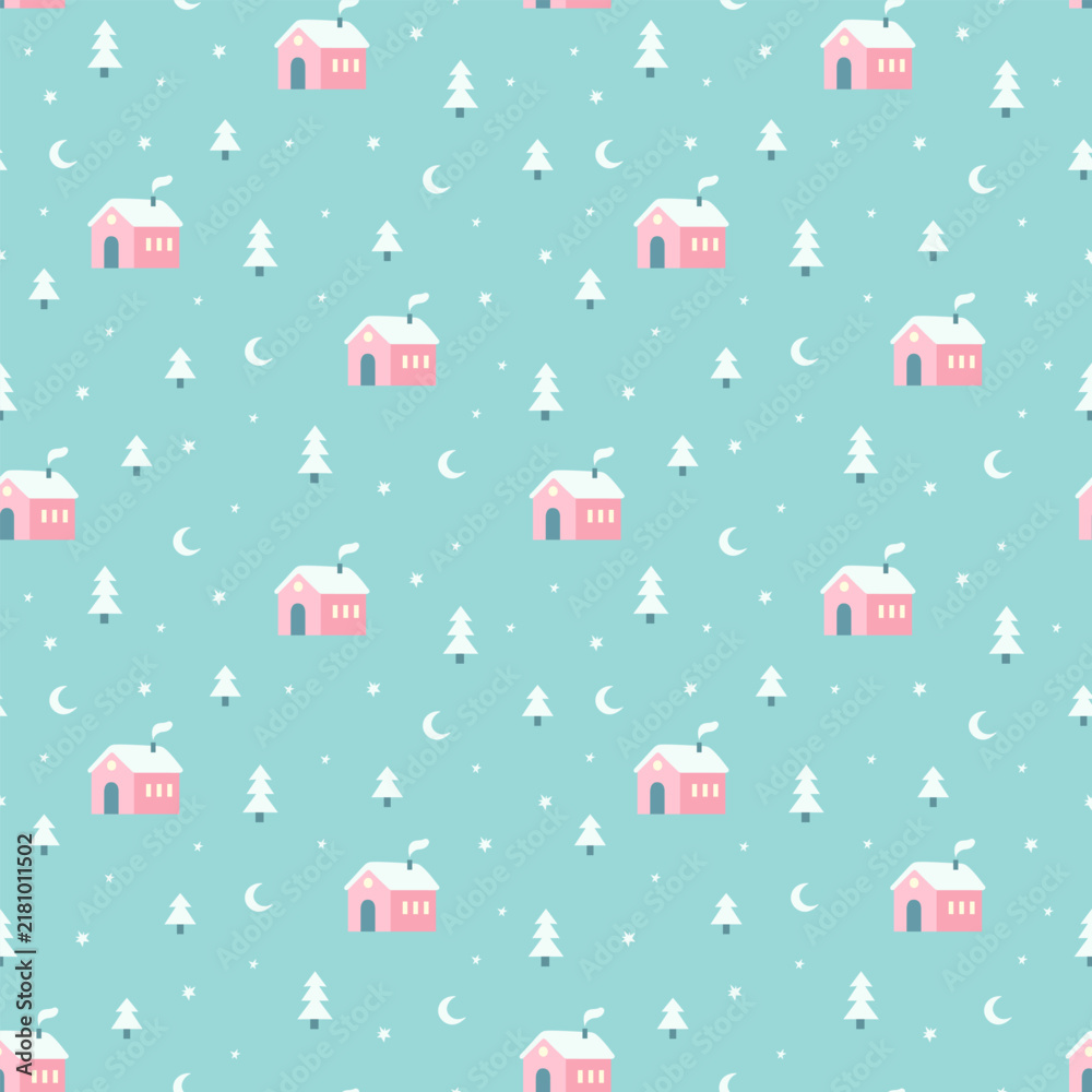Fototapeta premium Vintage winter seamless pattern with cute houses stars trees and snowflakes. Cute Christmas design, Scandinavian style background. Vector illustration