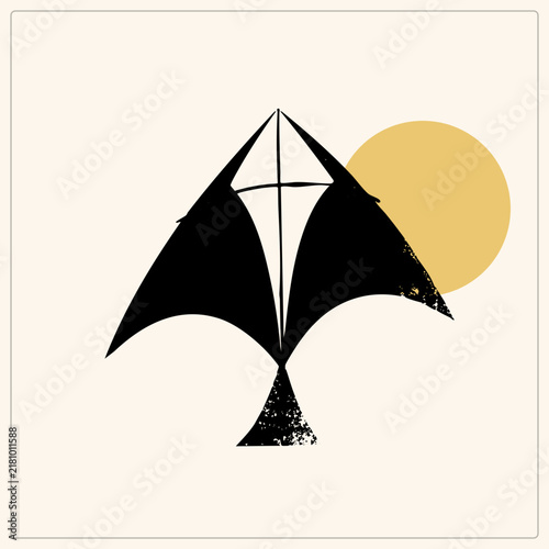 Foto Stylized patang with sweeping curved wings flies against a circle in distressed black silhouette, pairing vintage stencil texture with bold mid century composition
