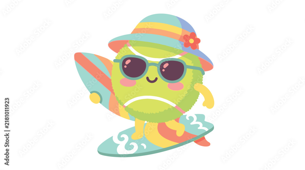 Fototapeta premium Tennis ball character surfing on surfboard wearing sunglasses and hat for summer vacation