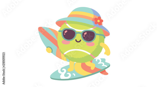 Photography Tennis ball character surfing on surfboard wearing sunglasses and hat for summer
