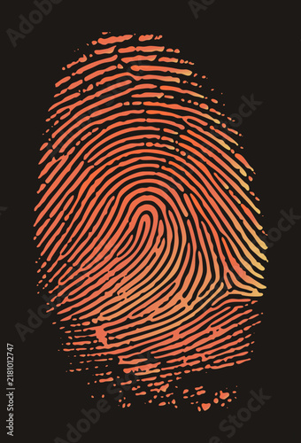 Bild auf Leinwand "A thumbprint in glowing flame tones with crisp friction ridges, symbolizing identity, forensics and biometric security in bold flat vector style