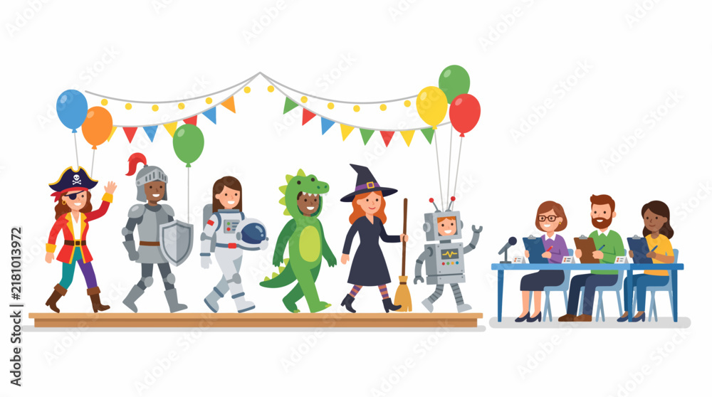 Naklejka premium Children in costumes parade past judges at a talent show or costume contest