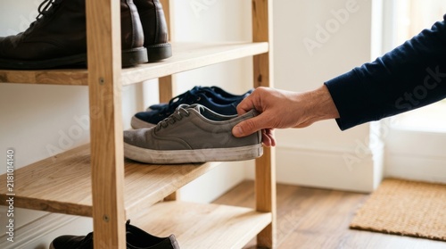 Fototapeta kuchenna Man picking up a gray sneaker from a wooden shoe rack in an entryway