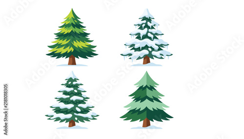 Christmas pine tree vector set featuring green summer and snow covered winter fir trees isolated on white background.