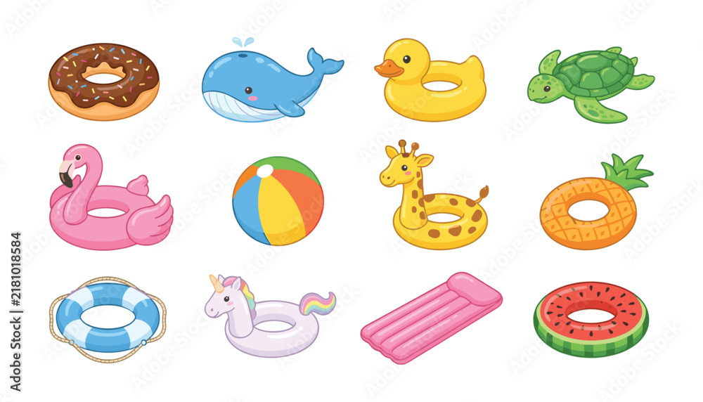 Fototapeta premium Cute inflatable pool floats vector set with colorful summer swim ring icons including flamingo unicorn whale and fruit shapes illustration