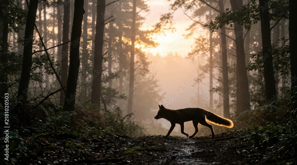 Fototapeta premium Fox Walking Through Misty Forest at Sunrise.