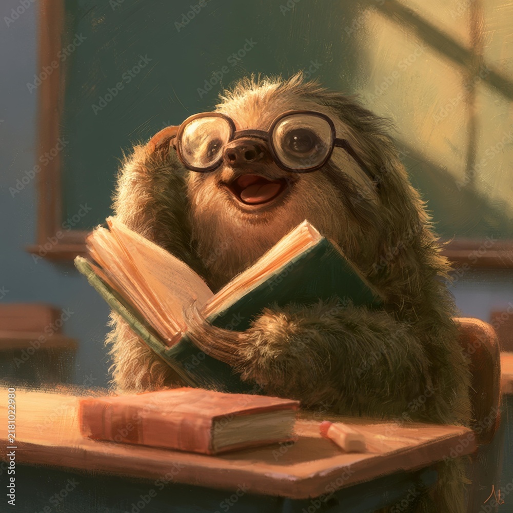 Fototapeta premium A cute sloth wearing glasses is enjoying reading a book while sitting at a desk.