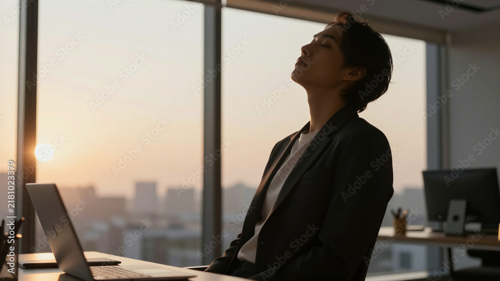 Fototapeta premium Japanese Businesswoman Relaxing After Desk Work in Golden Hour Office Light, Copy space on the left