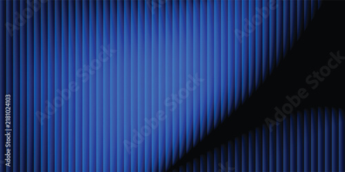 Abstract dark blue geometric background with vertical lines pattern and an overlapping fluid curved shadow. Modern digital stripe backdrop with cobalt blue gradient
