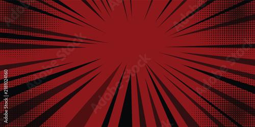 Comic book style background with sharp radial speed lines and halftone dot patterns on a dark red canvas. Dynamic manga explosion effect backdrop in maroon and black