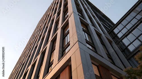 Modern high rise building with geometric facade and warm toned cladding under soft daylight  viewed from low angle at corner junction