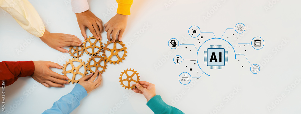 Obraz premium Diverse hands collaboratively arrange wooden gears, highlighting teamwork while an AI concept graphic emphasizes technology innovative role in business solutions. Trope