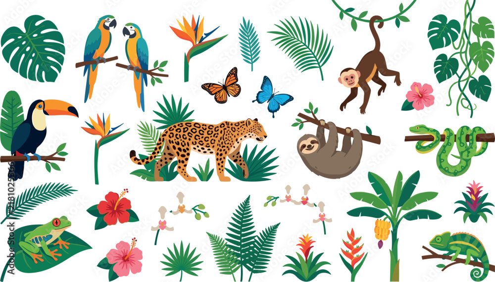 Fototapeta premium Tropical Jungle Animals and Rainforest Plants Vector Icon Set Featuring Jaguar, Sloth, Monkey, Toucan, Macaw Parrots, Tree Frog, Chameleon, Snake, and Exotic Botanical Leaves