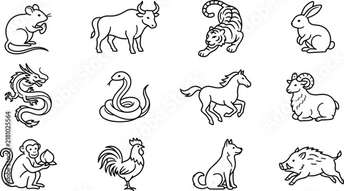 Chinese Zodiac Twelve Animals Outline Icons Set Vector Illustration