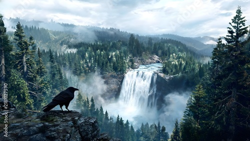 Black raven tall evergreen forest misty mountain cliff face massive white waterfall.