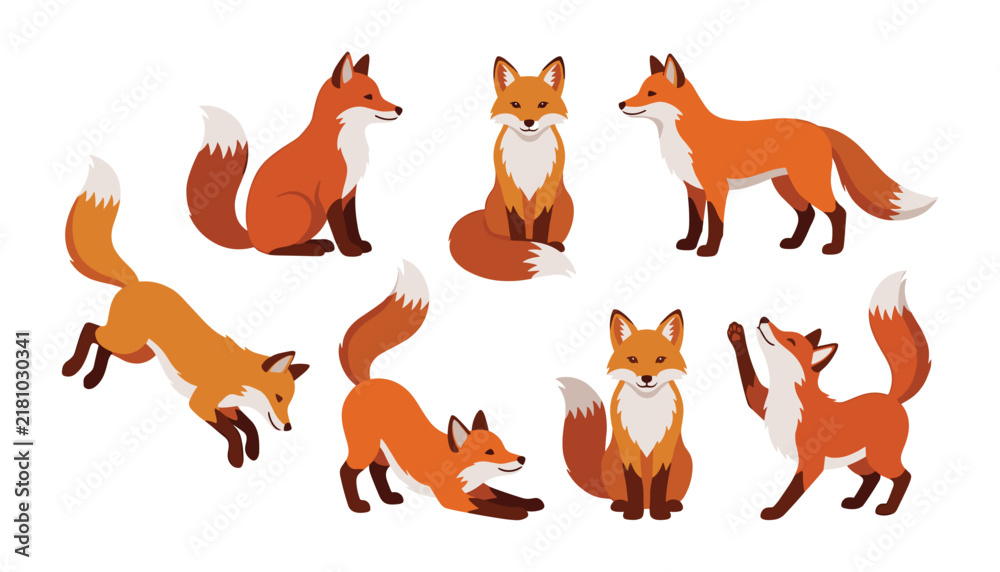 Obraz premium Cute red fox character vector illustration set showing various poses like jumping sitting and playing isolated on white background