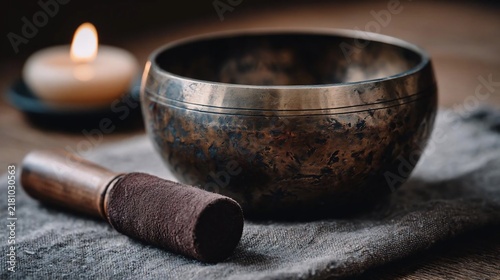 Tibetan singing bowl wooden mallet and lit candle on a grey cloth surface