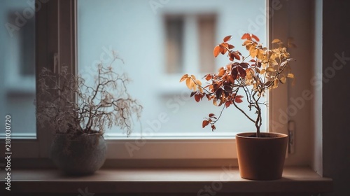 Potted plants sitting on a windowsill inside a room with a blurred view through the glass