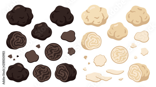 Set of black and white truffle mushrooms in collection, textured gourmet fungi slices and whole pieces, culinary seasoning, earthy forest food