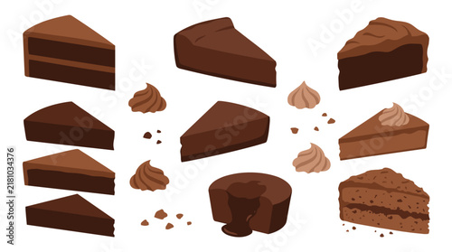 Set of chocolate cake slices and dessert portions, rich cocoa layers with frosting, culinary delight for bakery menu designs and pastry recipes