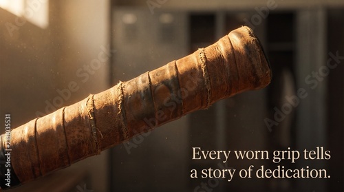 Worn tennis racket grip texture displays aged leather and wear