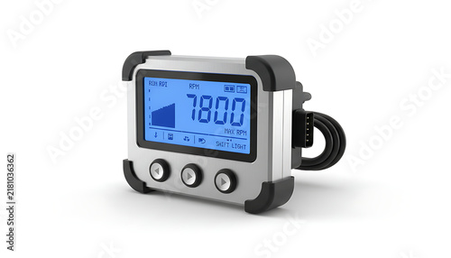 A digital industrial tachometer with a backlit blue screen displays numerical data.