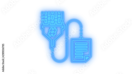Obraz na płótnie Colorful neon icon of a data filtering funnel with a hashtag and document representing content curation and digital automation isolated on transparent background