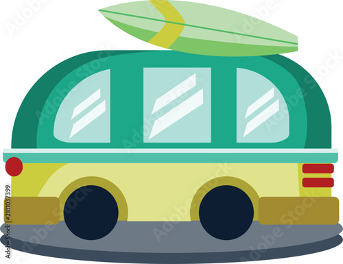 Retro camper van illustration carrying surfboard on top, summer travel and beach vacation vector background