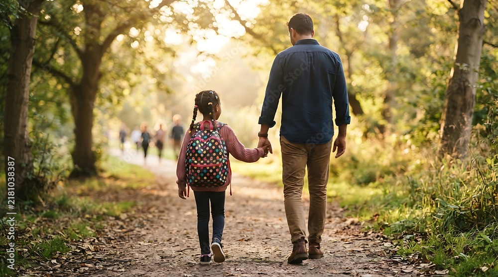 Obraz premium Father and daughter walking together holding hands in a beautiful autumn park