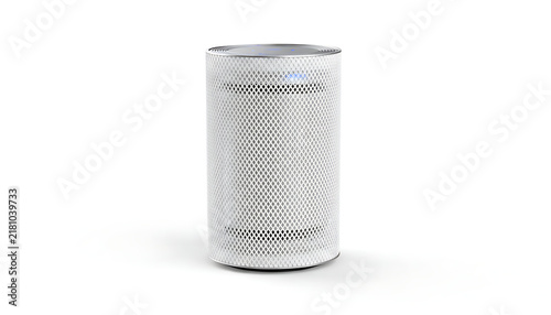 A cylindrical white air purifier stands against a clean white background.
