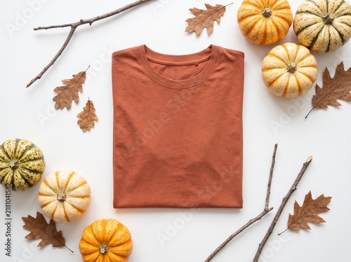 Folded Terracotta Cotton T-shirt Mockup with Decorative Pumpkins and Autumn Leaves on White Surface